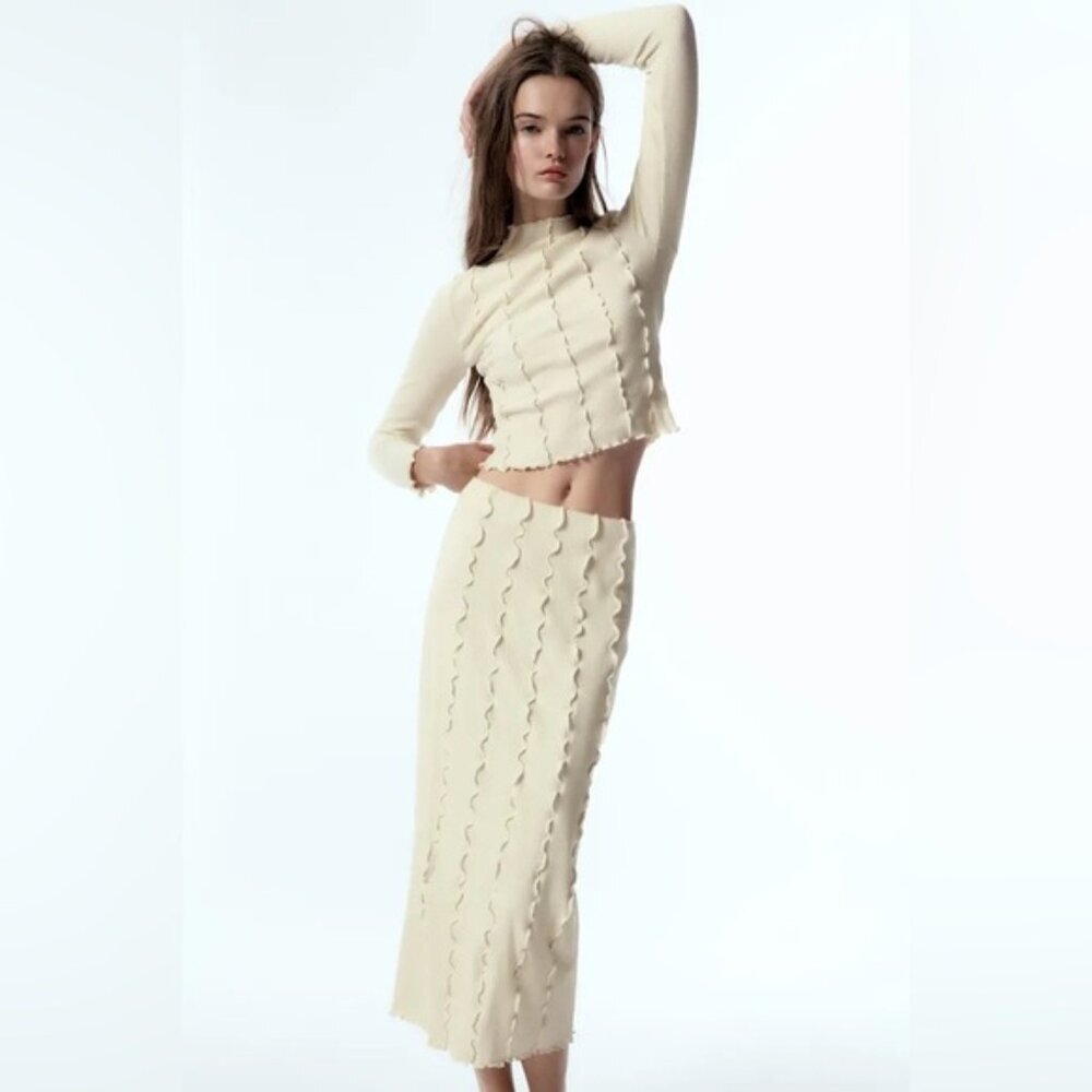 NEW ZARA SEAMED RIB High Rise Midi Skirt with Elastic Waistband 6050/813 Size S